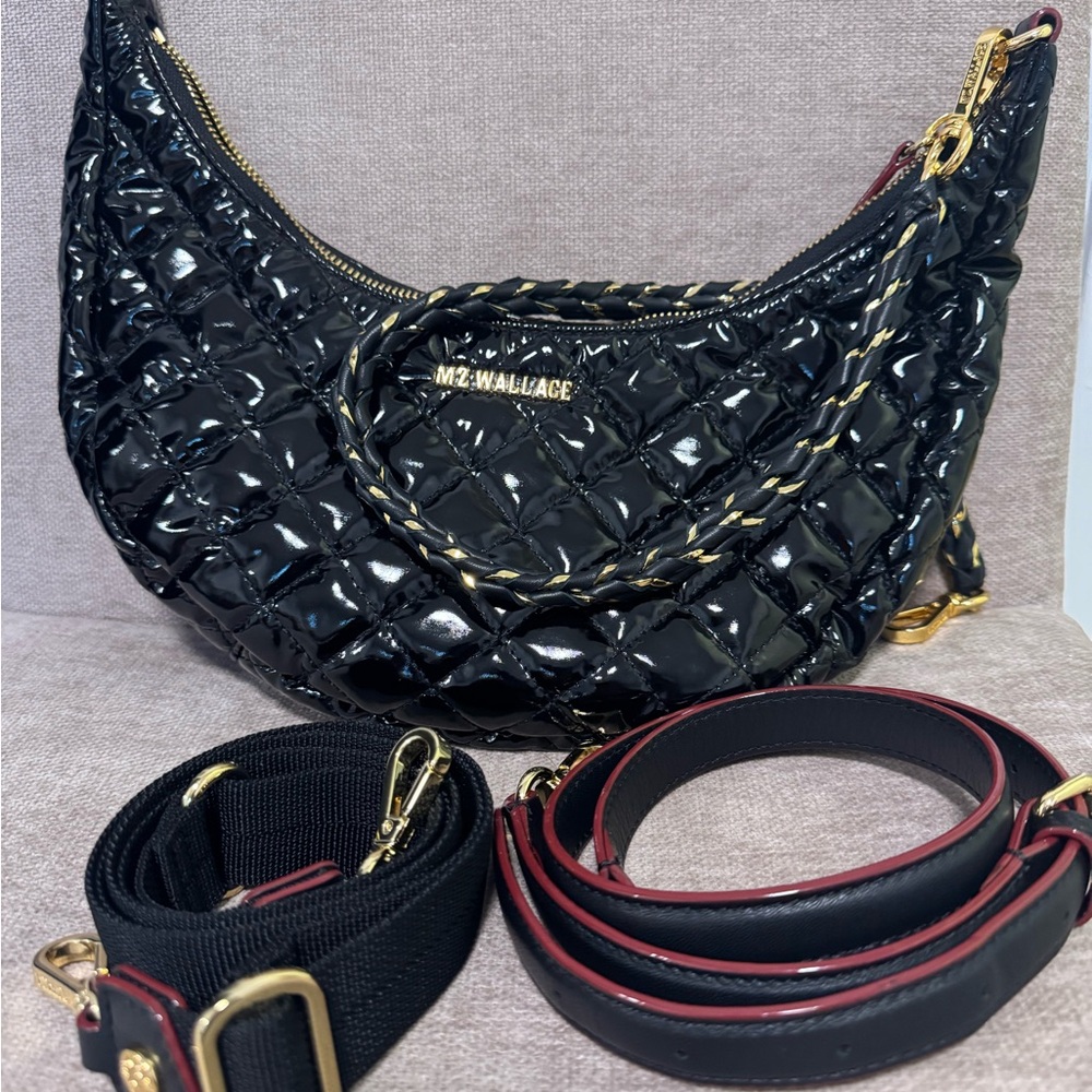 MZ Wallace Crosby Lacquer Luna Black Quilted Crossbody Bag
